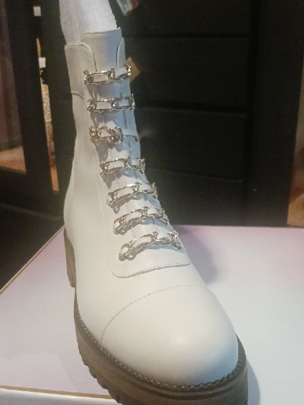 CECELIA NEW YORK Off White Side Zip Combat Boot with Gold Chain Hardware